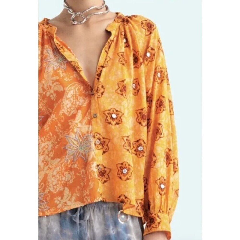 Zara Orange Mixed Print Boho Blouse Small Button Front Lightweight Top